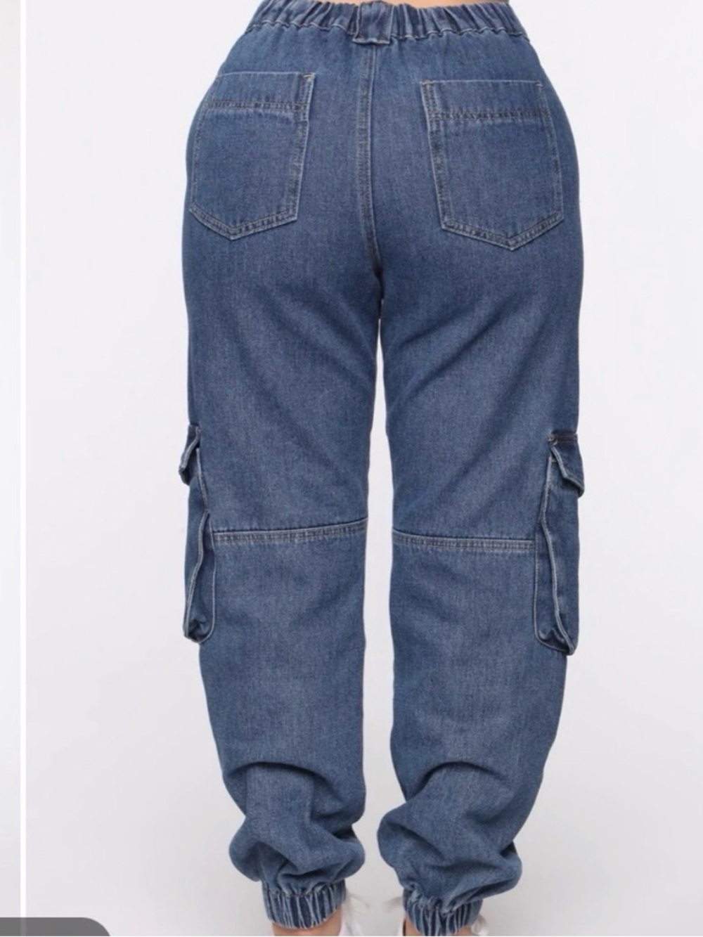 Fashion Nova Blue Relaxed Cargo Denim Jeans with Elastic Cuffs - Picture 7 of 9